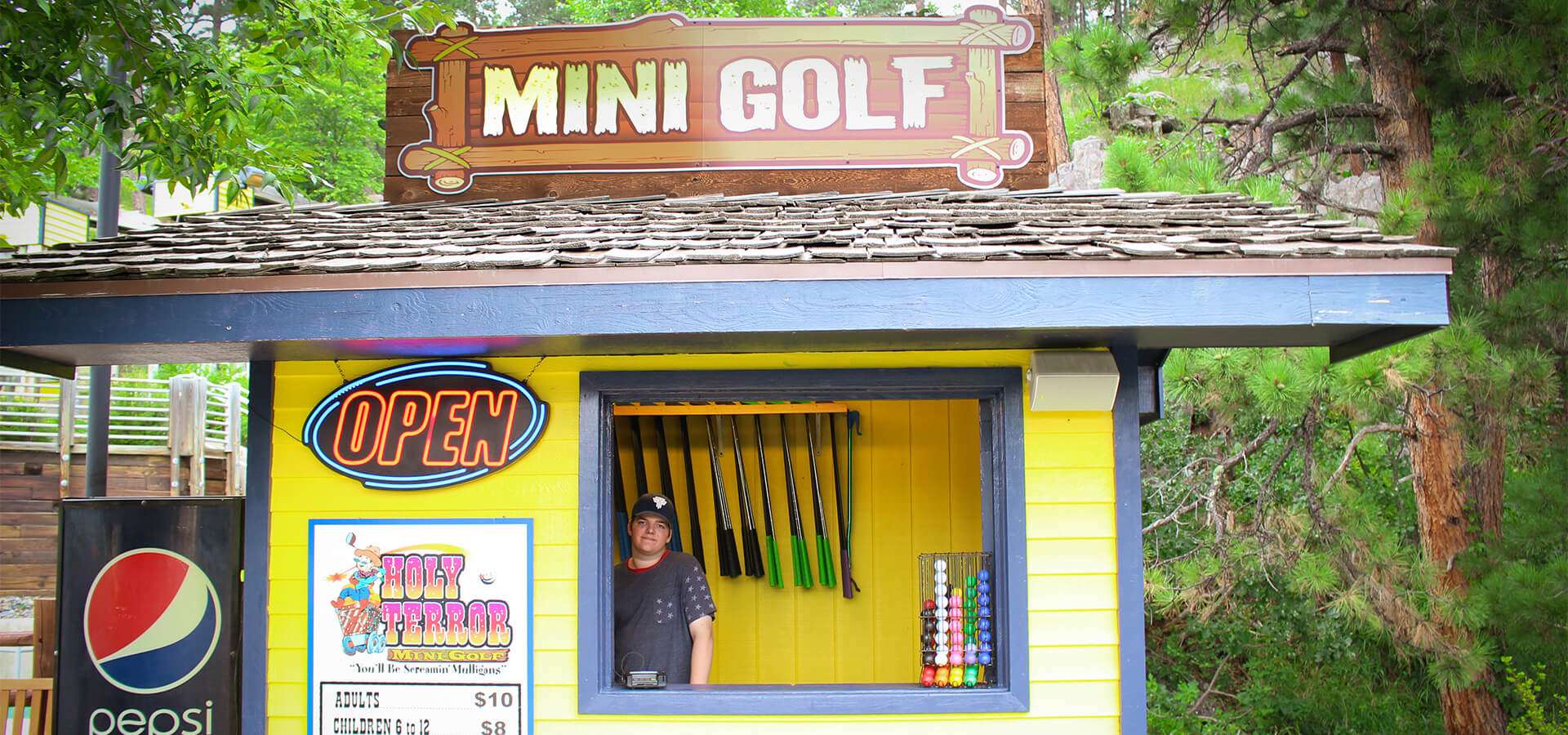 Exterior photo of the golf house at Holy Terror Mini Golf.